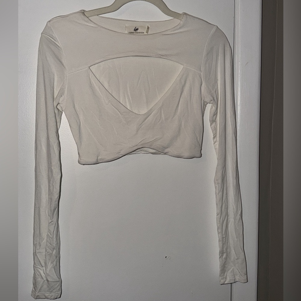 White Long-Sleeve Cutout Crop Top ( Lori Harvey Collab )